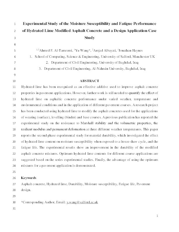 Moisture susceptibility and fatigue performance of hydrated lime-modified asphalt concrete : experiment and design application case study Thumbnail
