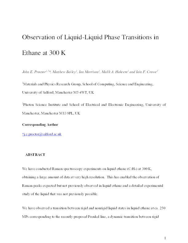 Observation of liquid–liquid phase transitions in ethane at 300 K Thumbnail