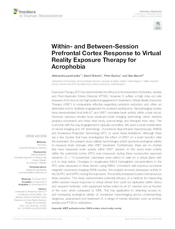Within- and between-session prefrontal cortex response to virtual reality exposure therapy for acrophobia Thumbnail