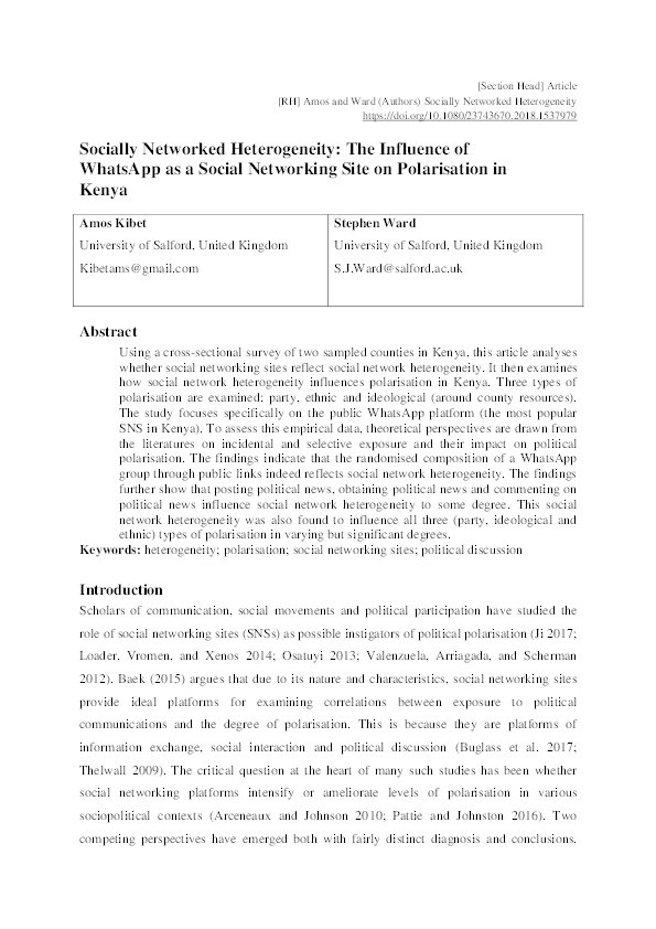 Socially networked heterogeneity : the influence of WhatsApp as a social networking site on polarisation in Kenya Thumbnail