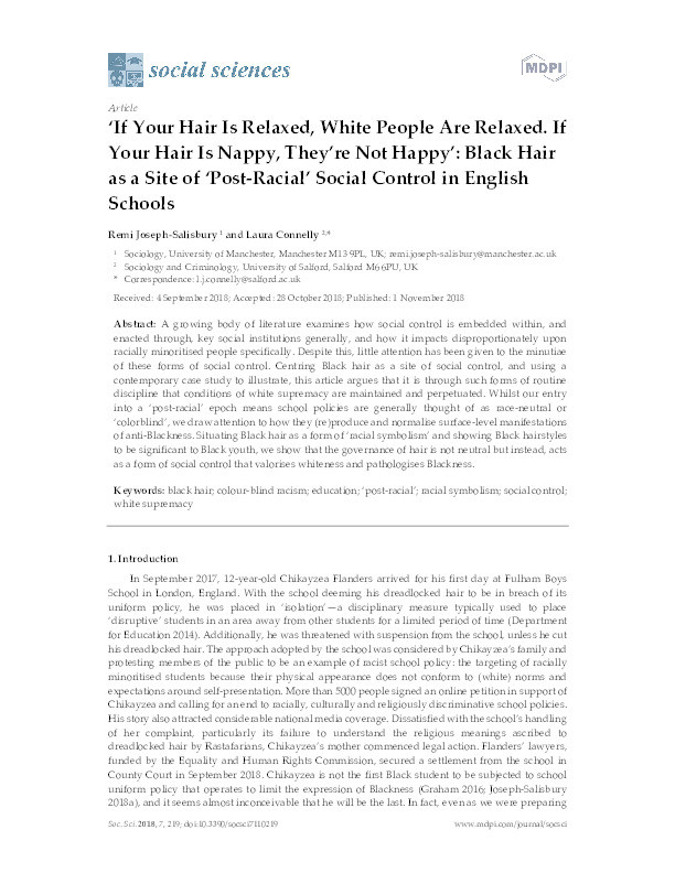 ‘If your hair Is relaxed, white people are relaxed. If your hair is nappy, they’re not happy’ : Black hair as a site of ‘post-racial’ social control in English schools Thumbnail