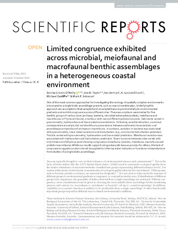 Limited congruence exhibited across microbial, meiofaunal and macrofaunal benthic assemblages in a heterogeneous coastal environment Thumbnail
