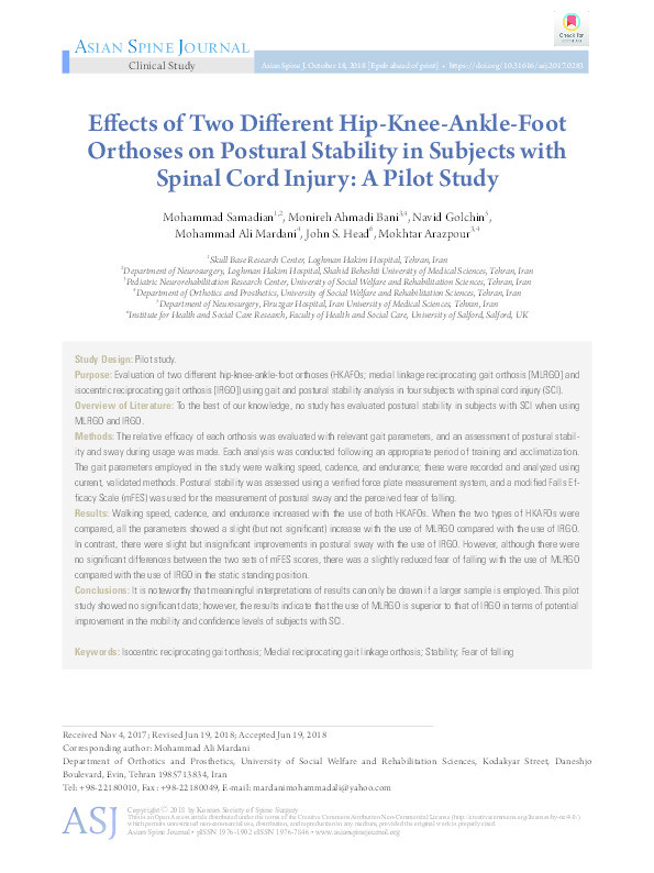 Effects of two different hip-knee-ankle-foot orthoses on postural stability in subjects with spinal cord injury : a pilot study Thumbnail