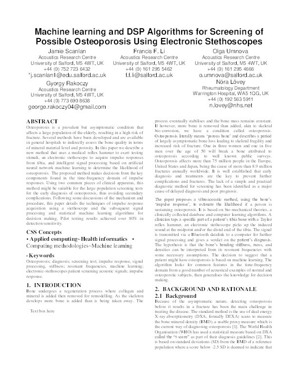 Machine learning and DSP algorithms for screening of possible osteoporosis using electronic stethoscopes Thumbnail