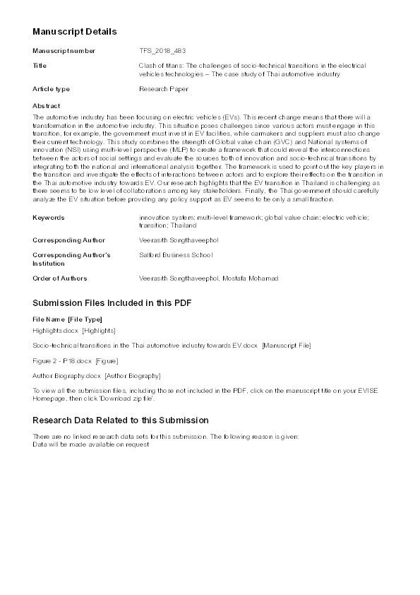 Clash of titans : the challenges of socio-technical transitions in the electrical vehicles technologies – the case study of Thai automotive industry Thumbnail