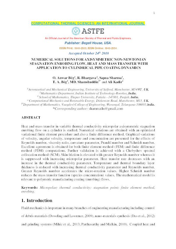 Numerical solutions for axisymmetric non-Newtonian stagnation enrobing flow, heat and mass transfer with application to cylindrical pipe coating dynamics Thumbnail