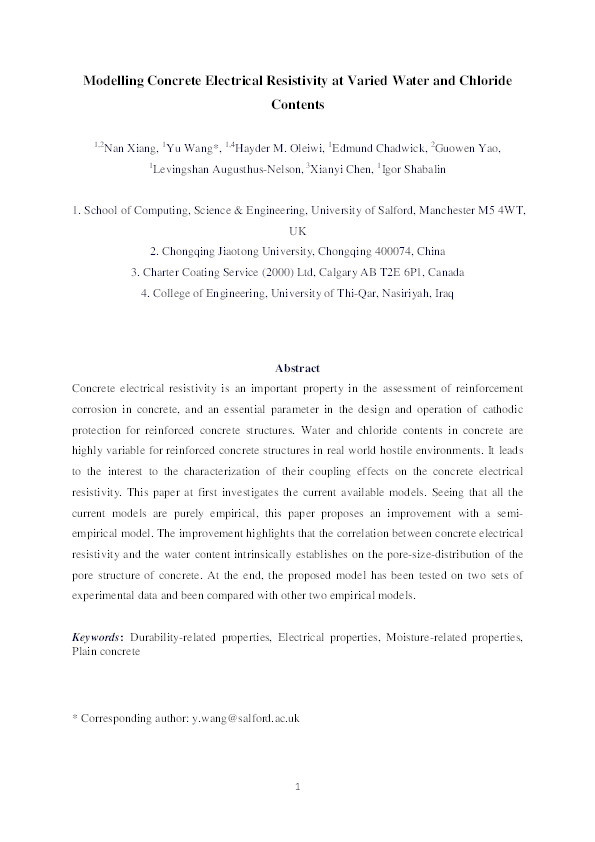 Modelling the electrical resistivity of concrete with varied water and chloride contents Thumbnail