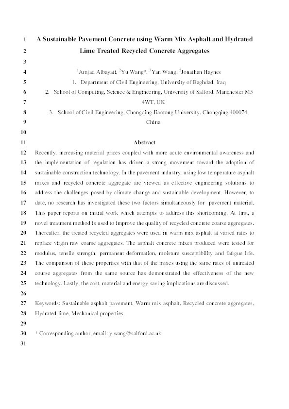 A sustainable pavement concrete using warm mix asphalt and hydrated lime treated recycled concrete aggregates Thumbnail