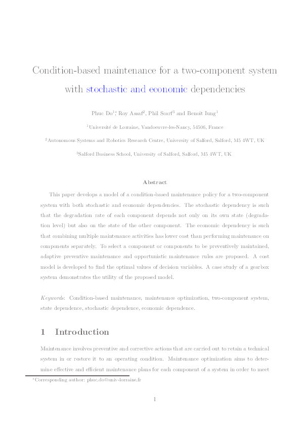Modelling and application of condition-based maintenance for a two-component system with stochastic and economic dependencies Thumbnail