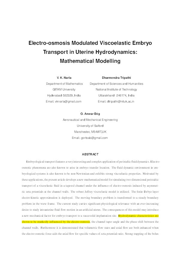Electro-osmosis modulated viscoelastic embryo
transport in uterine hydrodynamics : mathematical modelling Thumbnail