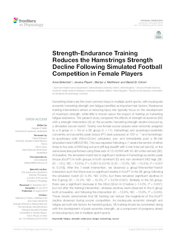 Strength-endurance training reduces the hamstrings strength decline following simulated football competition in female players Thumbnail