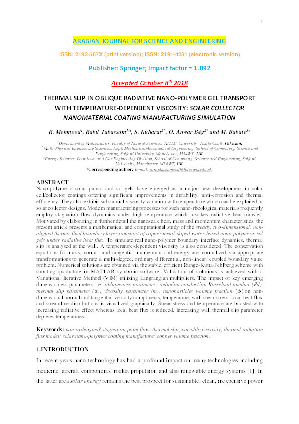 Thermal slip in oblique radiative nano-polymer gel transport with temperature-dependent viscosity : solar collector nanomaterial coating manufacturing simulation Thumbnail