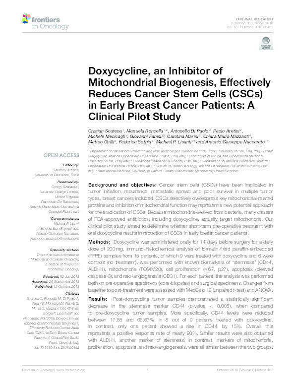 Doxycycline, an inhibitor of mitochondrial biogenesis, effectively reduces cancer stem cells (CSCs) in early breast cancer patients : a clinical pilot study Thumbnail