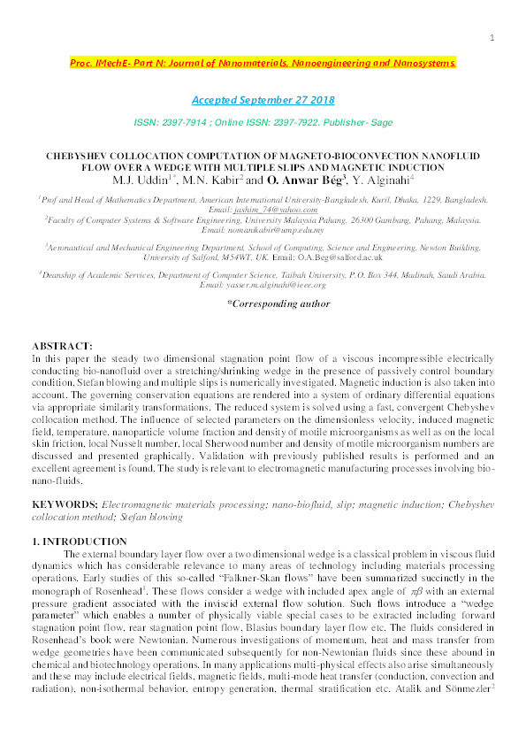 Chebyshev collocation computation of magneto-bioconvection nanofluid flow over a wedge with multiple slips and magnetic induction Thumbnail