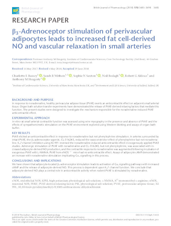 β3-adrenoceptor stimulation of perivascular adipocytes leads to increased fat cell-derived nitric oxide and vascular relaxation in small arteries Thumbnail