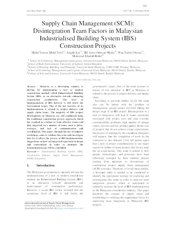 Supply chain management (SCM) : disintegration team factors in Malaysian industrialised building system (IBS) construction projects Thumbnail