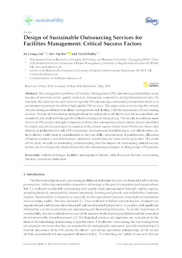 Design of sustainable outsourcing services for facilities management : critical success factors Thumbnail