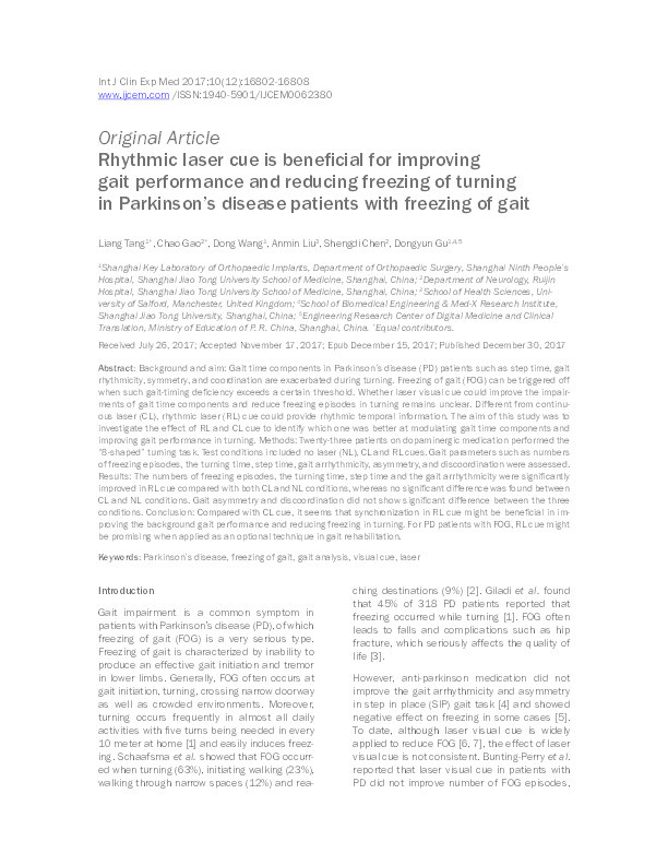 Rhythmic laser cue is beneficial for improving gait performance and reducing freezing of turning in Parkinson’s disease patients with freezing of gait Thumbnail