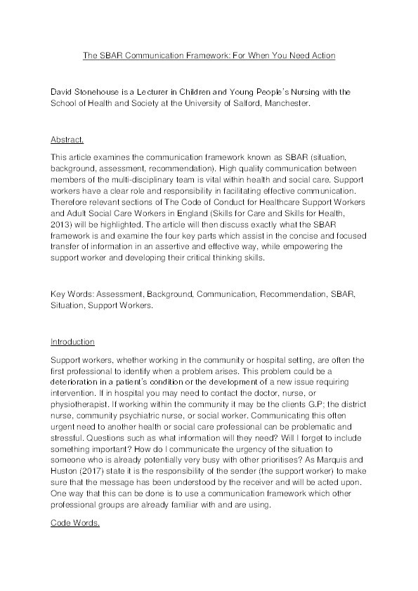 The SBAR communication framework : for when you need action Thumbnail
