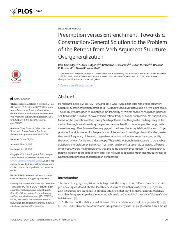 Preemption versus entrenchment : towards a construction-general solution to the problem of the retreat from verb argument structure overgeneralization Thumbnail