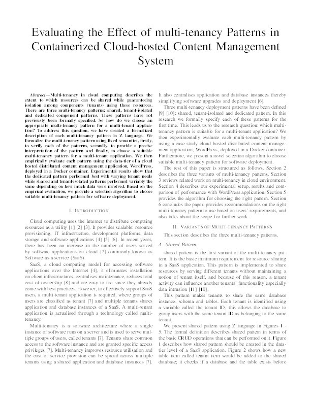 Evaluating the effect of multi-tenancy patterns in containerized cloud-hosted content management system Thumbnail