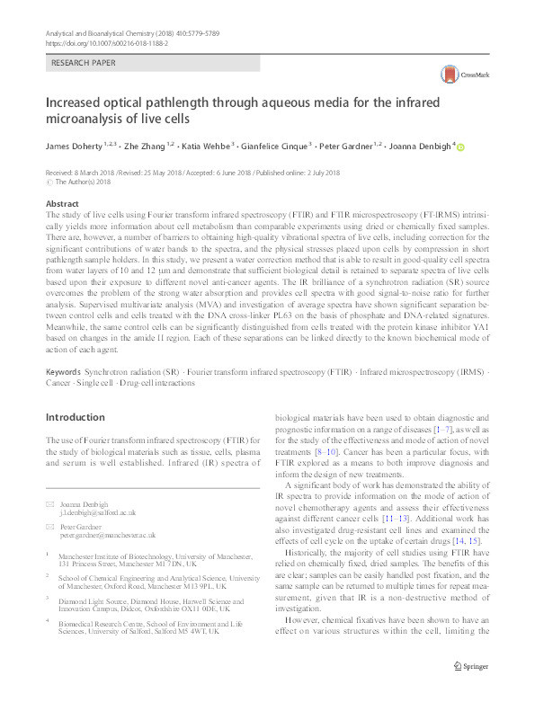 Increased optical pathlength through aqueous media for the infrared microanalysis of live cells Thumbnail