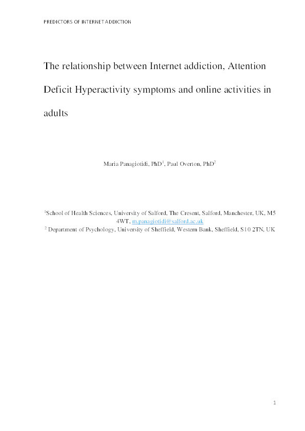 The relationship between internet addiction, attention deficit hyperactivity symptoms and online activities in adults Thumbnail