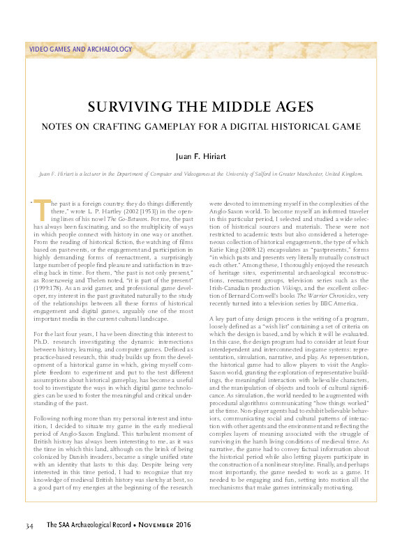 Surviving the Middle Ages : notes on crafting gameplay for a digital historical game Thumbnail