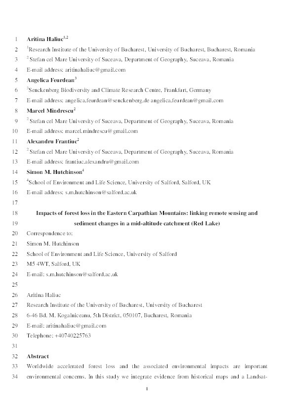 Impacts of forest loss in the eastern Carpathian Mountains : linking remote sensing and  sediment changes in a mid-altitude catchment (Red Lake) Thumbnail