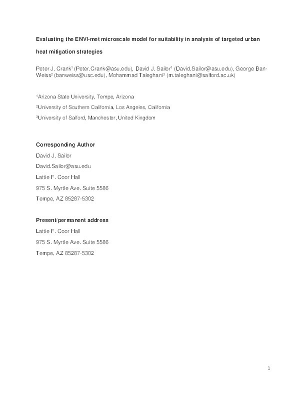 Evaluating the ENVI-met microscale model for suitability in analysis of targeted urban heat mitigation strategies Thumbnail