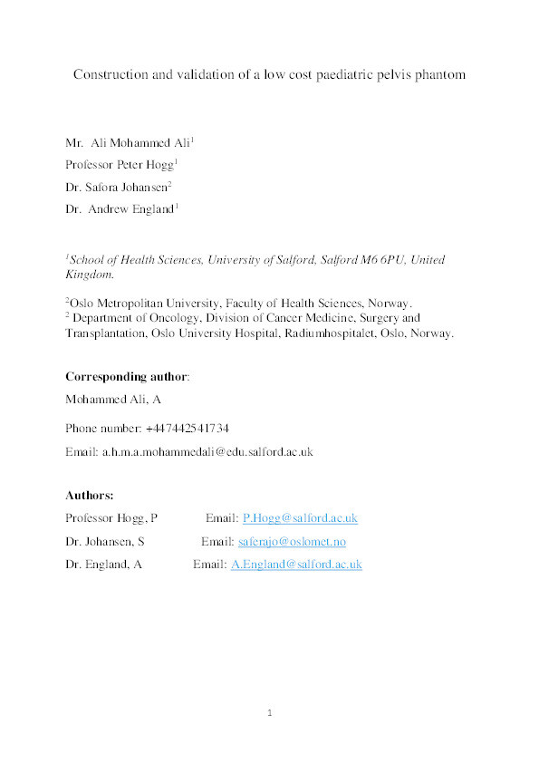 Construction and validation of a low cost paediatric pelvis phantom Thumbnail