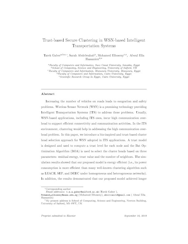 Trust-based secure clustering in WSN-based intelligent
transportation systems Thumbnail