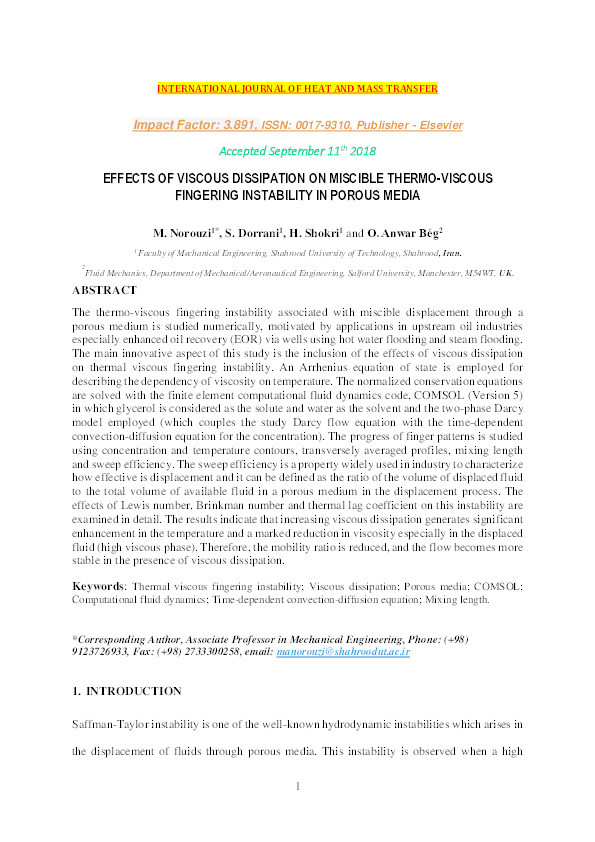 Effects of viscous dissipation on miscible thermo-viscous fingering instability in porous media Thumbnail