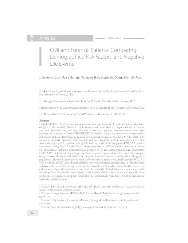 Civil and forensic patients : comparing demographics, risk factors, and negative life events Thumbnail