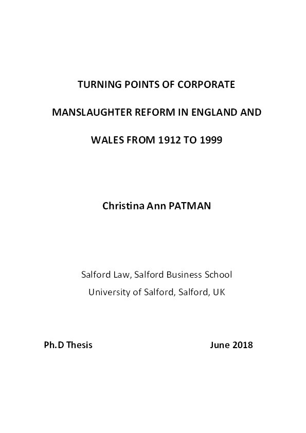 Turning points of corporate manslaughter reform in England and Wales from 1912 to 1999 Thumbnail
