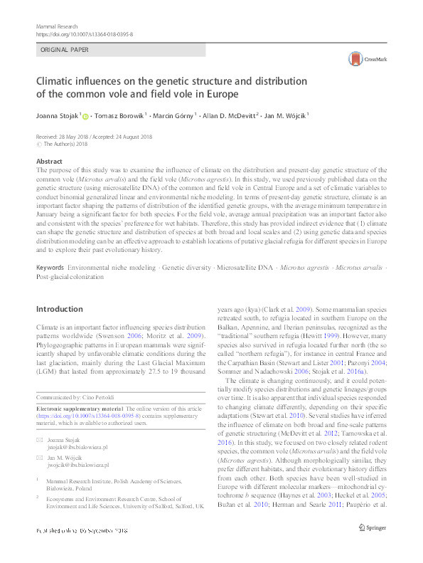 Climatic influences on the genetic structure and distribution of the common vole and field vole in Europe Thumbnail