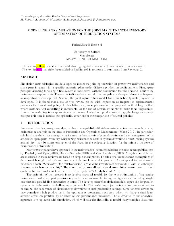 Modelling and simulation for the joint maintenance-inventory optimisation of production systems Thumbnail