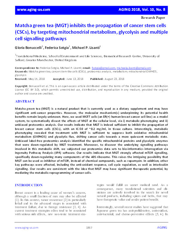 Matcha green tea (MGT) inhibits the propagation of cancer stem cells (CSCs), by targeting mitochondrial metabolism, glycolysis and multiple cell signalling pathways Thumbnail