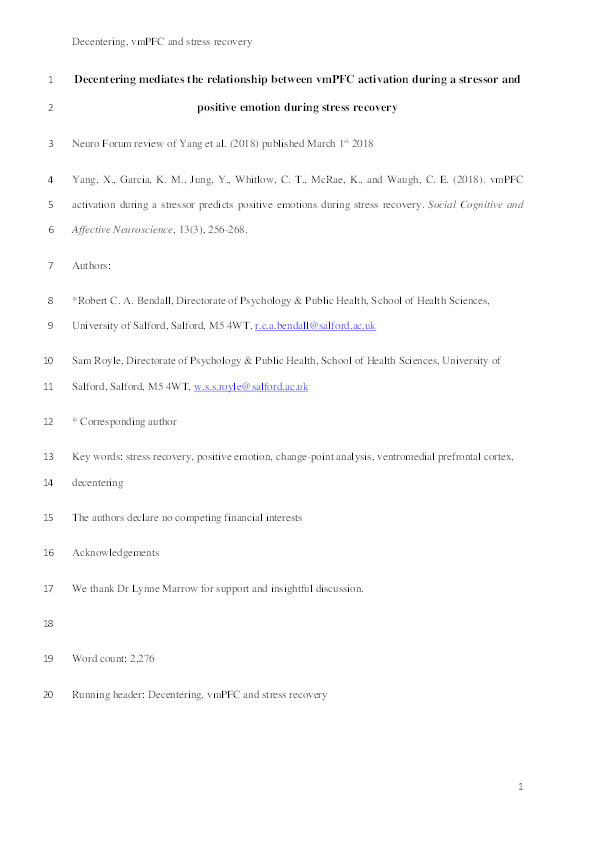 Decentering mediates the relationship between vmPFC activation during a stressor and positive emotion during stress recovery Thumbnail