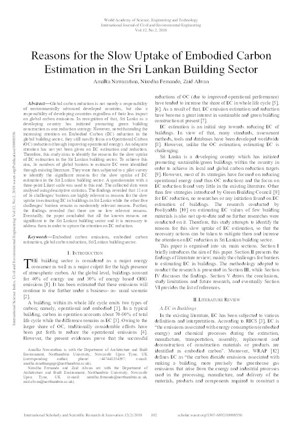 Reasons for the slow uptake of embodied carbon
estimation in the Sri Lankan building sector Thumbnail