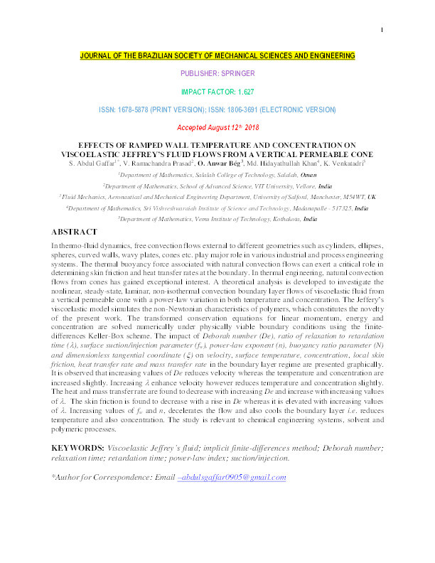Effects of ramped wall temperature and concentration on viscoelastic Jeffrey’s fluid flows from a vertical permeable cone Thumbnail