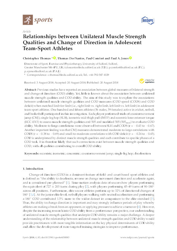 Relationships between unilateral muscle strength qualities and change of direction in adolescent team-sport athletes Thumbnail