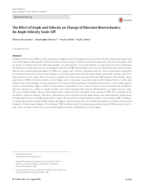 The effect of angle and velocity on change of direction biomechanics : an angle-velocity trade-off Thumbnail