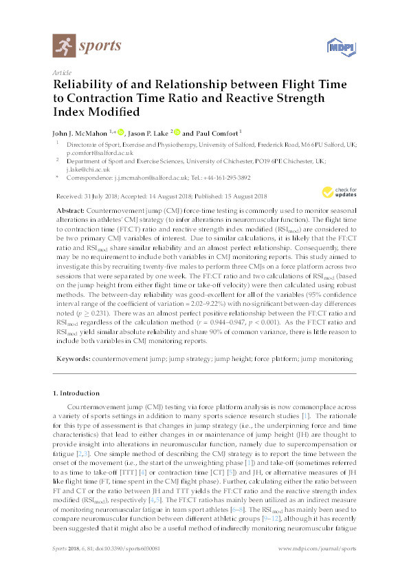 Reliability of and relationship between flight time to contraction time ratio and reactive strength index modified Thumbnail