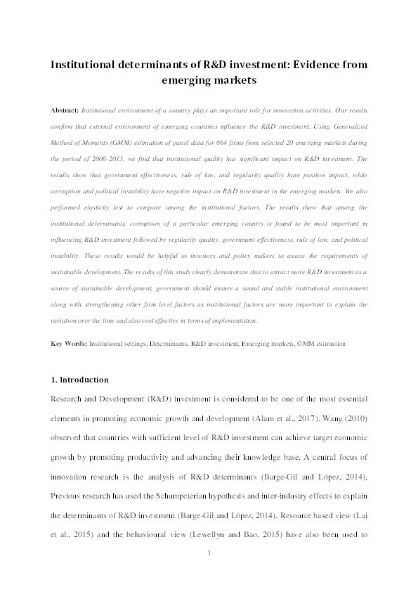 Institutional determinants of R&D investment : evidence from emerging markets Thumbnail