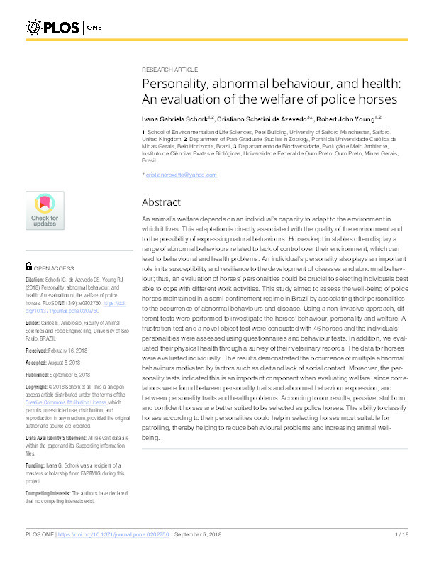 Personality, abnormal behaviour, and health : an evaluation of the welfare of police horses Thumbnail