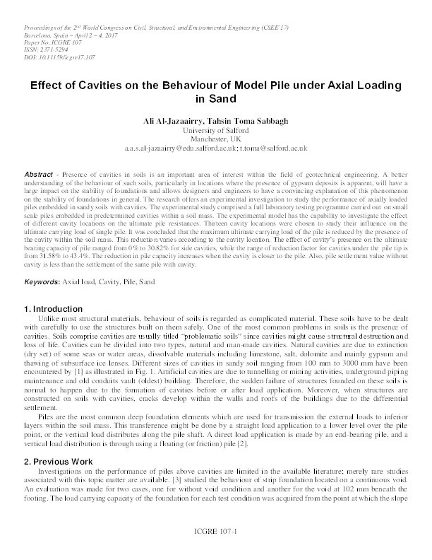Effect of cavities on the behaviour of model pile under axial loading in sand Thumbnail