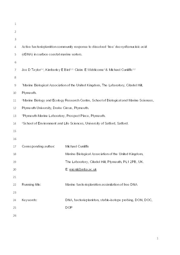 Active bacterioplankton community response to dissolved ‘free’ deoxyribonucleic acid (dDNA) in surface coastal marine waters Thumbnail