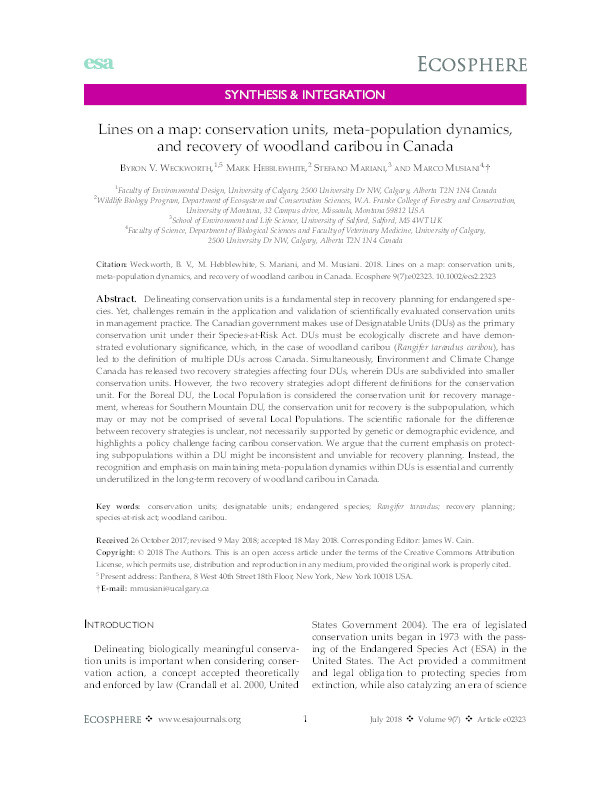 Lines on a map : conservation units, meta-population dynamics, and recovery of woodland caribou in Canada Thumbnail