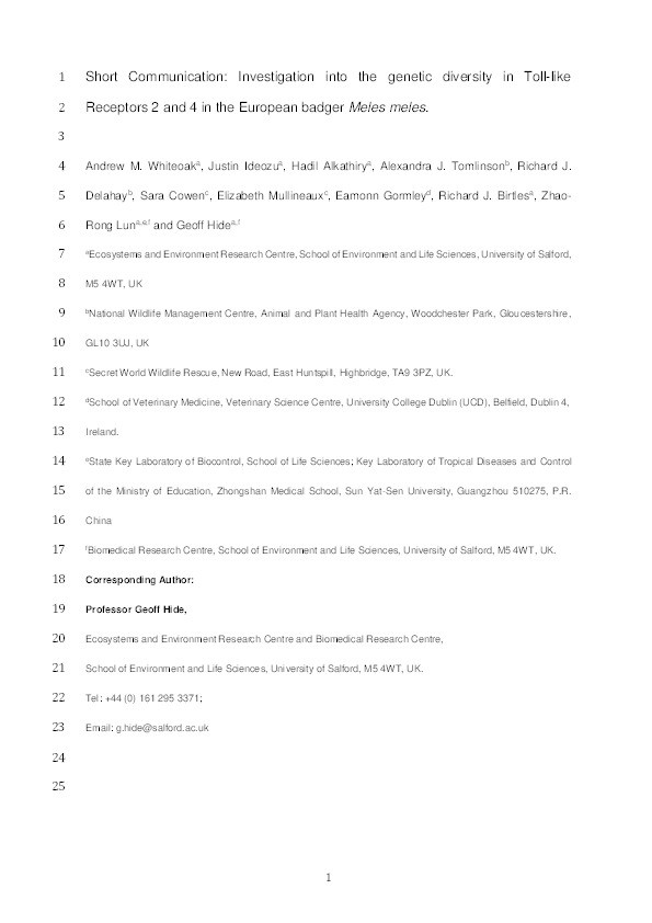 Investigation into the genetic diversity in toll-like receptors 2 and 4 in the European badger Meles meles Thumbnail